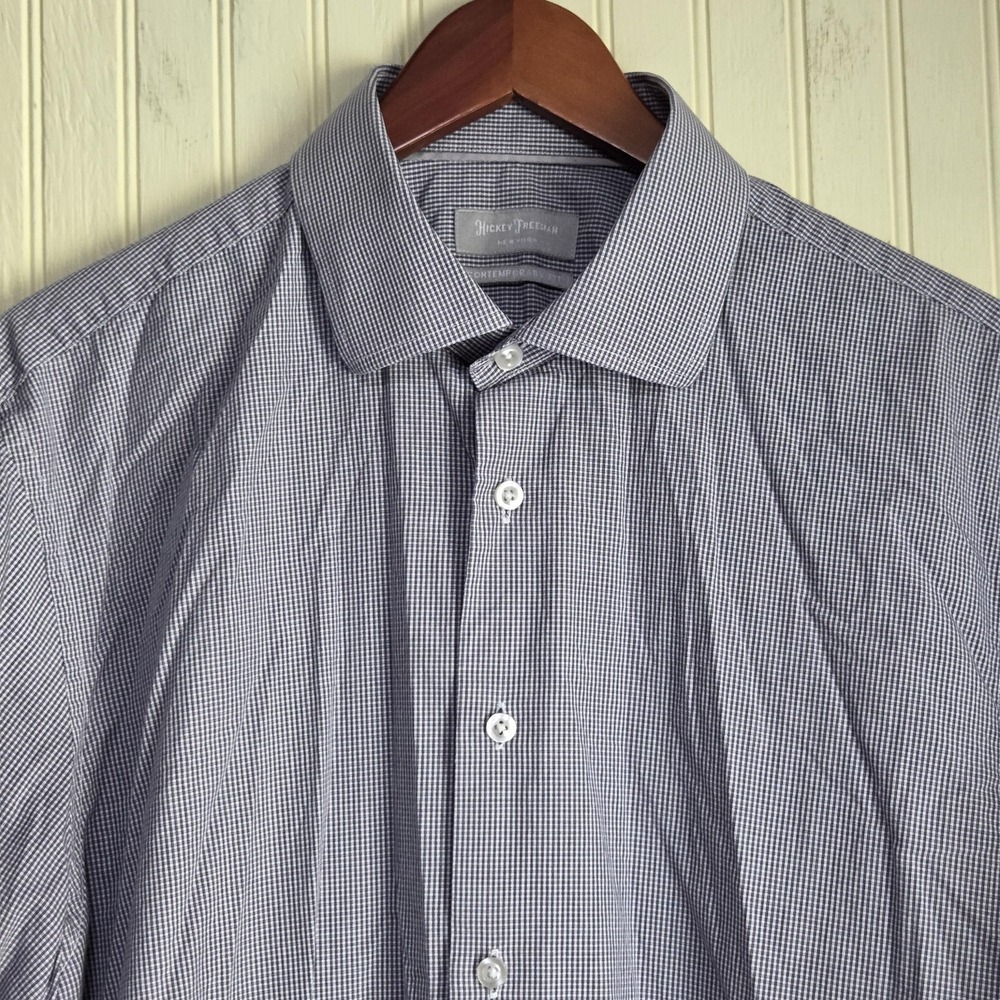 Hickey‎ Freeman Dress Shirt Mens Large Blue Gingham Cotton Long Sleeve Check
